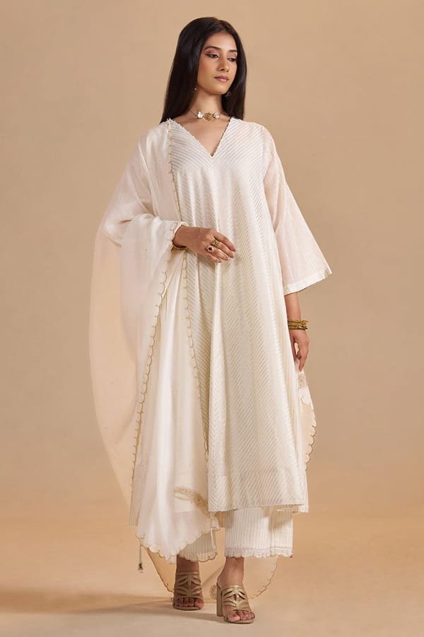 Ivory and Gold Foil Chanderi Silk A-Line Kurta Set — Ganga Fashions Pvt Ltd
