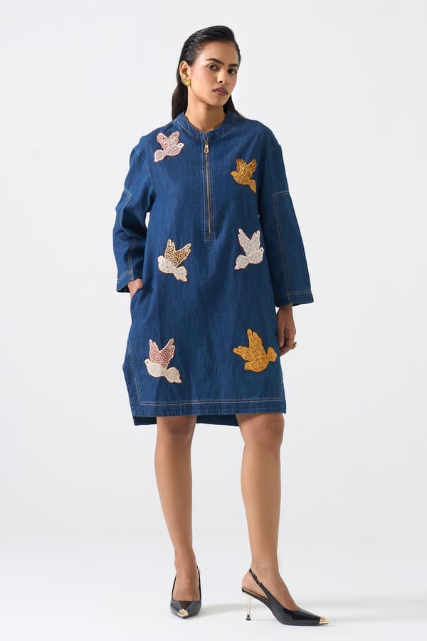 Denim Blue Bird Embroidered Zip-Front Shift Dress — STITCH STORIES