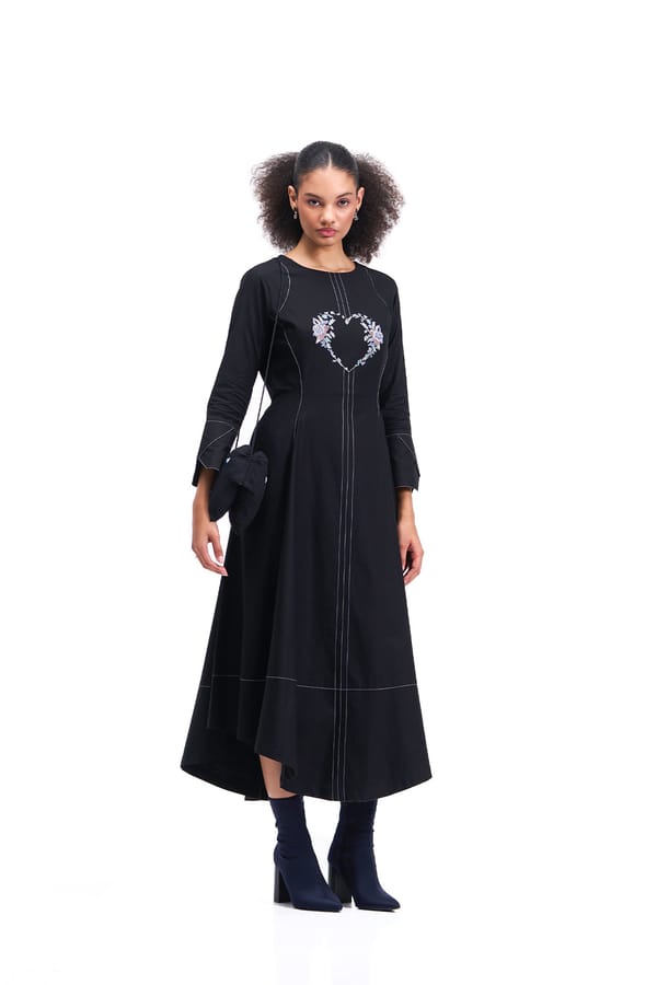 Black Cotton Satin Fit and Flare Midi Dress with Heart Motif — Our Love