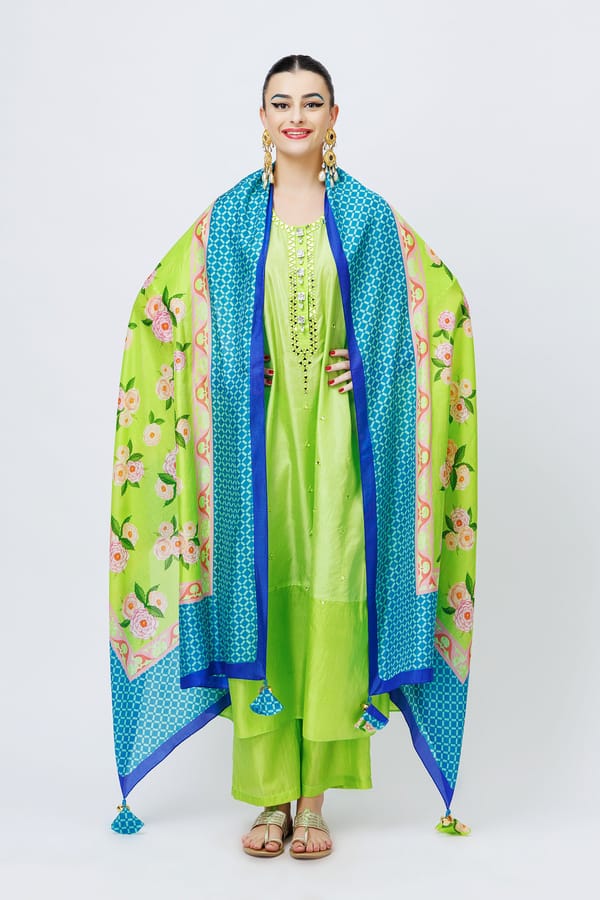 Lime Silk Mirror-Detail Kurta Set with Printed Dupatta — Jungle Marigold