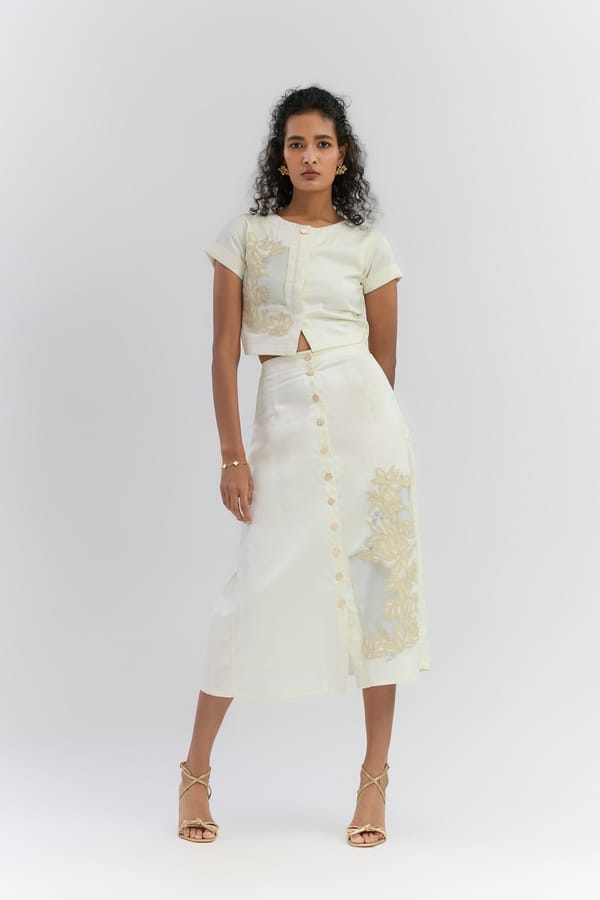 Pearl Twill Applique Work Top And Skirt  Set — Itara an another