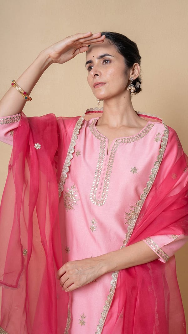 Pink Chanderi Straight Kurta Set with Gota Patti — Kameez