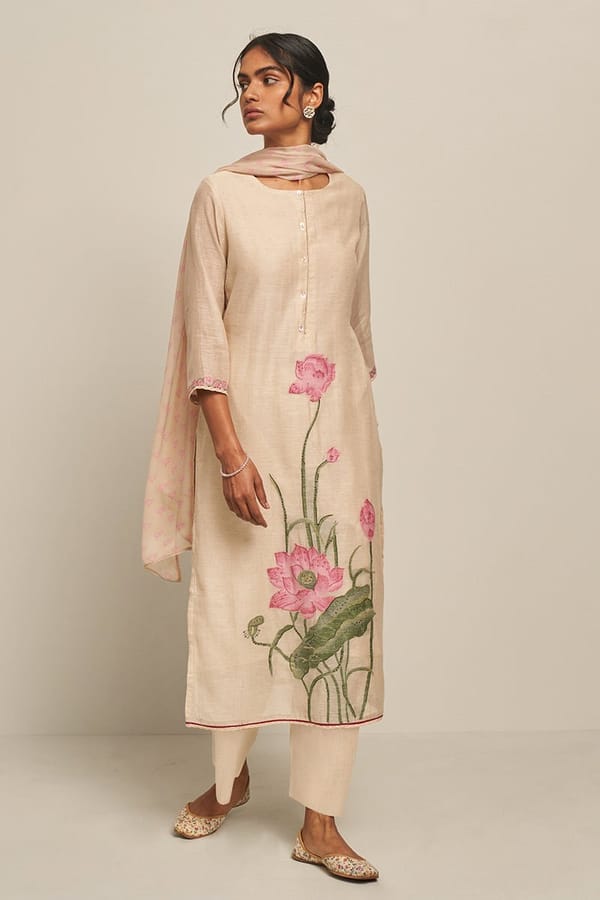 Parchment Beige Cotton Linen Lotus Print Kurta Set — Ganga Fashions Pvt Ltd