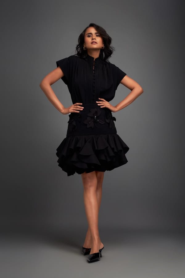 Ruffled Skirt and Structured Blouse with Floral Embroidery — Deepika Arora