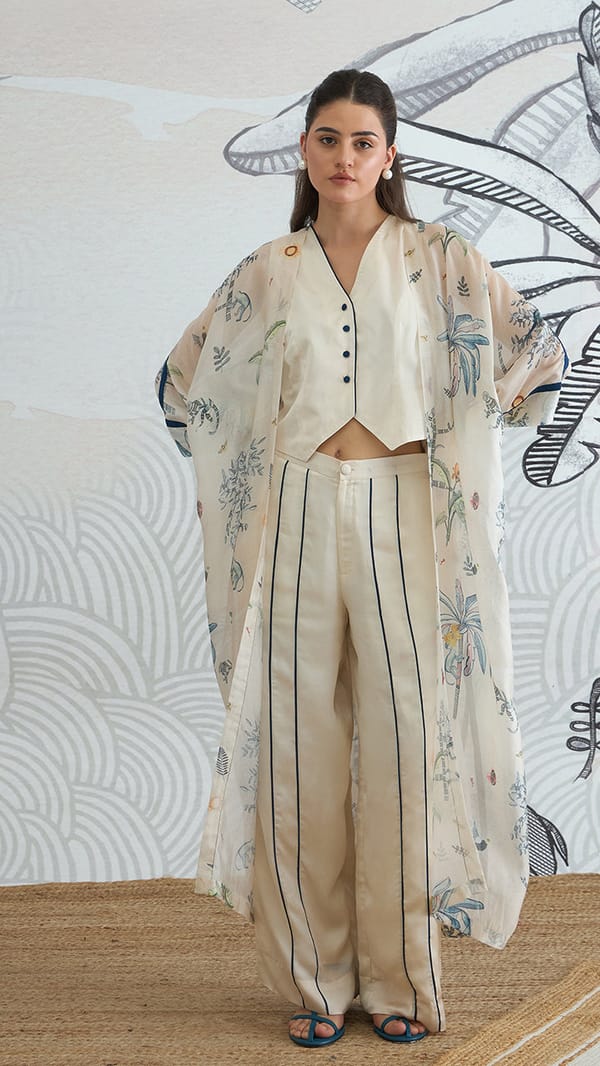Jungle Long Cape With Waistcoat Top And Pants — SHIVANI BHARGAVA