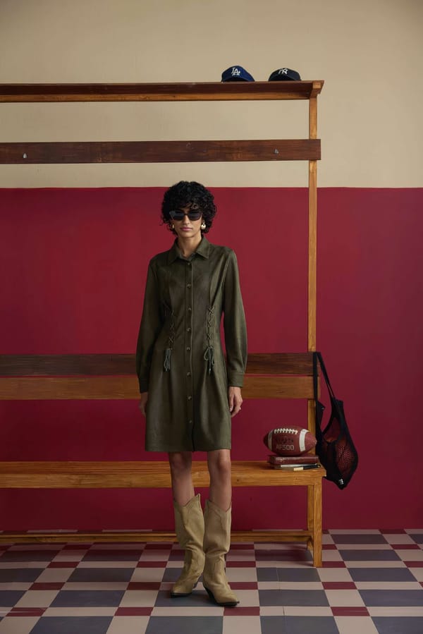 Olive Suede Shirt Dress with Waist Cinch, Knee Length — Muvazo