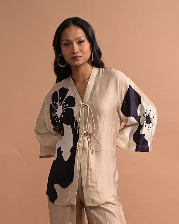 Beige and Black Floral Printed Oversized Tie-Up Top — Missy Co.