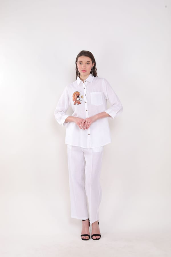 White Linen Puppy Embroidered Button-Down Shirt — Linen Bloom