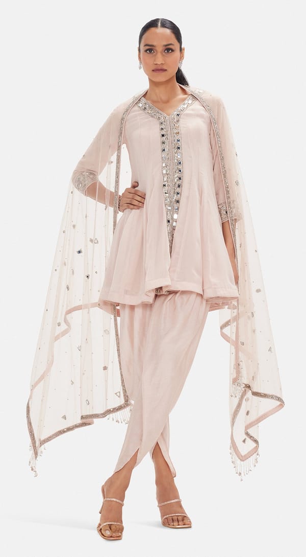 Baby Pink Georgette Embellished Kurta Set with Dhoti — Basanti Kapde aur Koffee