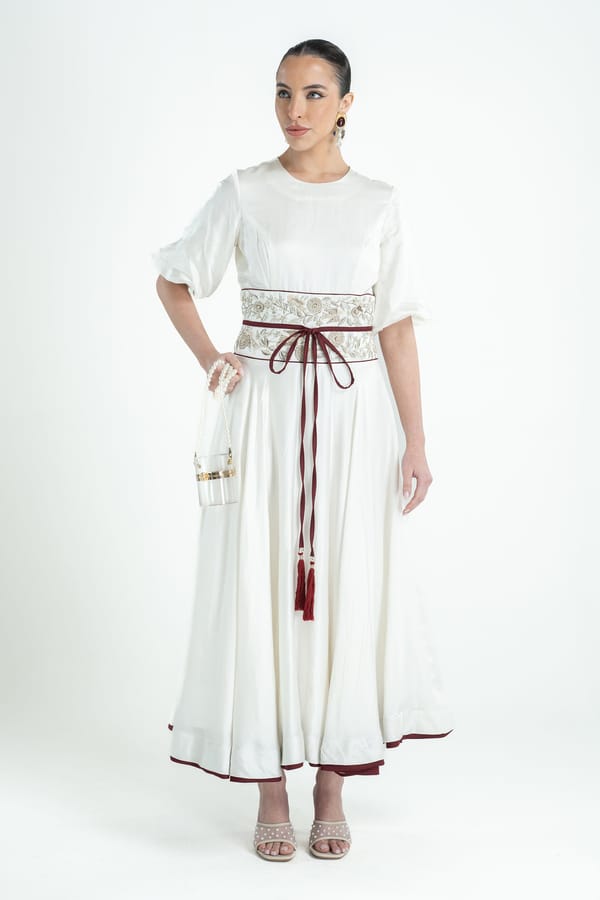 Ivory Satin Fit and Flare Maxi Dress with Embroidered Belt — Our Love
