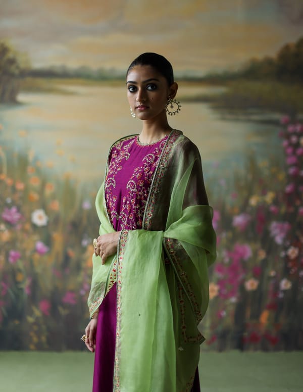 Aubergine Embroidered Straight Kurta Set with Dupatta — Shikha Mehta