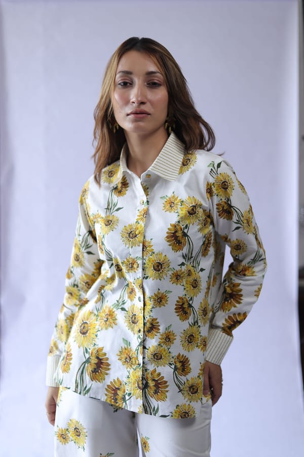 White Cotton Poplin Sunflower Print Shirt — THE FINICKY COLORIST