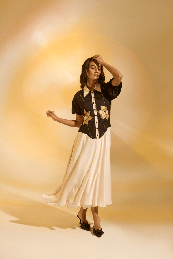 Black and Cream Fit and Flare Midi Dress with Collar — An'era by Asmita Verma