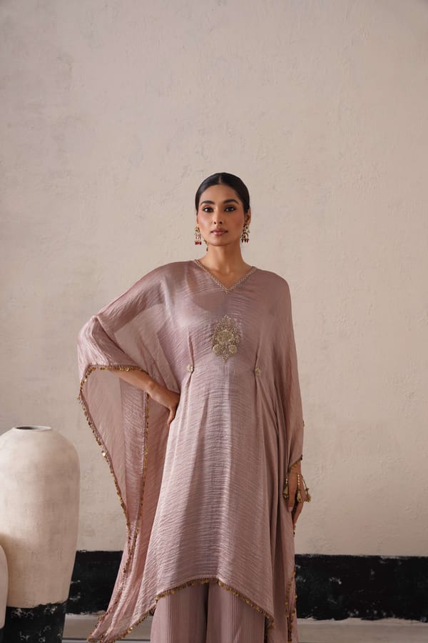 Dusty Mauve Tissue Organza Kaftan Kurta Set — SHREYASH JAIN