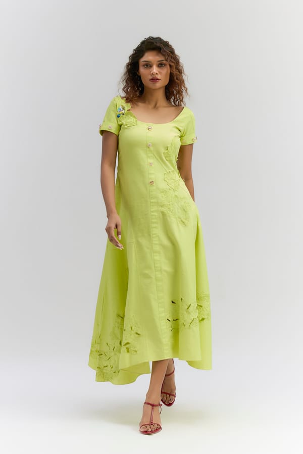 Lime Green  Patch Embroidered A-Line Midi Dress — Itara an another