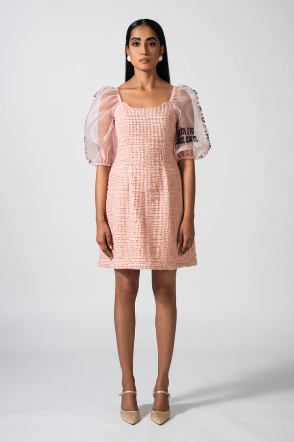 Pink A-Line Knee-Length Dress with Organza Puff Sleeves — Pocketful Of Cherrie