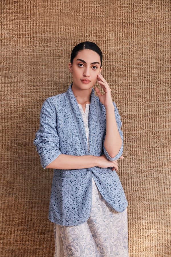 Powder Blue Lace Tailored Coat with Lapel Collar — YELL