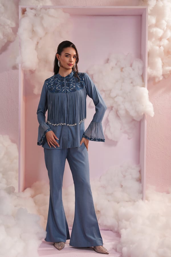 Denim Embroidered Fringe Co-ord Set with Bootcut Pants — Simar Tuli