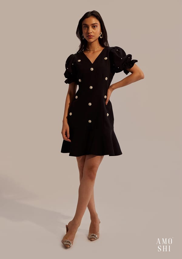 Black Mini Dress with Pearl Embellishment and Puff Sleeves — AMOSHI