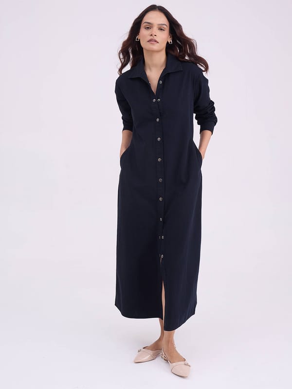 DenimClassic Black Maxi Shirt Dress — Femmella