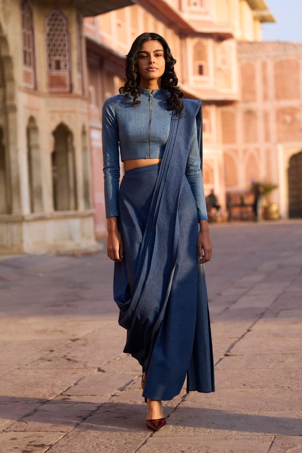 Indigo Denim Sari Drape Maxi Skirt — Dash and Dot