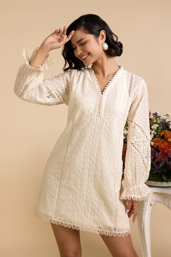 White Cotton Lace Mini Kurta Dress — AVERIE