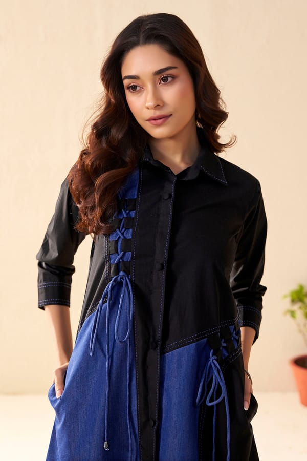 Black/Blue Colorblocked Midi Shirt Dress with Lace-Up Detail — Savaaya