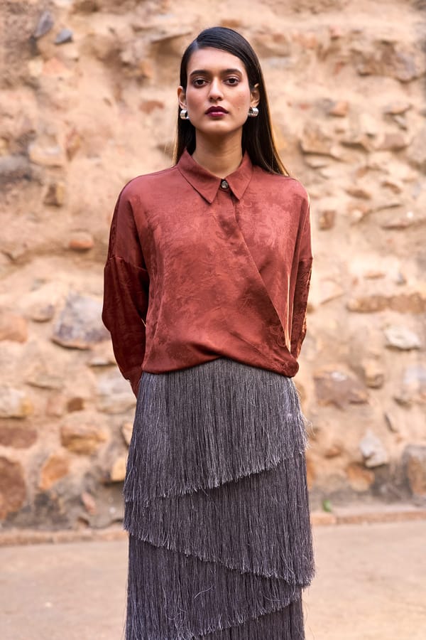 Umber Tonal Jacquard Front Overlap Shirt — Dash and Dot
