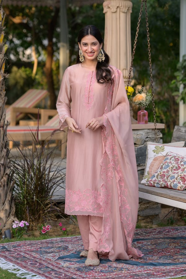 Peach Pink Organza Scallop Thread Hand Work Set — MAHEE JAIPUR