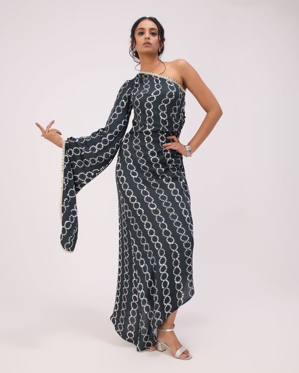 Black One-Shoulder Printed Satin Maxi Dress with Drape Sleeve — DORABI