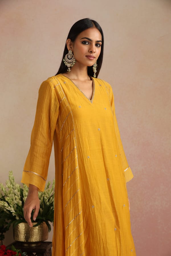 Mustard Yellow Silk Chanderi A-Line Kurta Set — Trendy Tokari