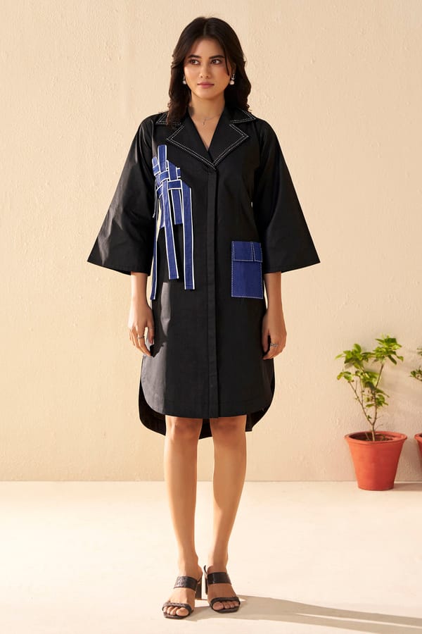 Black and Blue Colorblocked Midi Shirt Dress — Savaaya
