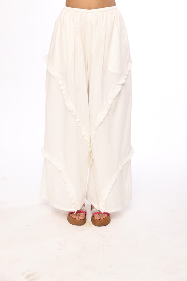 Ivory Ruffle Panel Wide-Leg Pants — The Clothing Factory