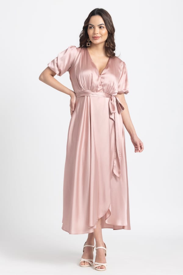 Rose Gold Surplice Midi Dress — Julo
