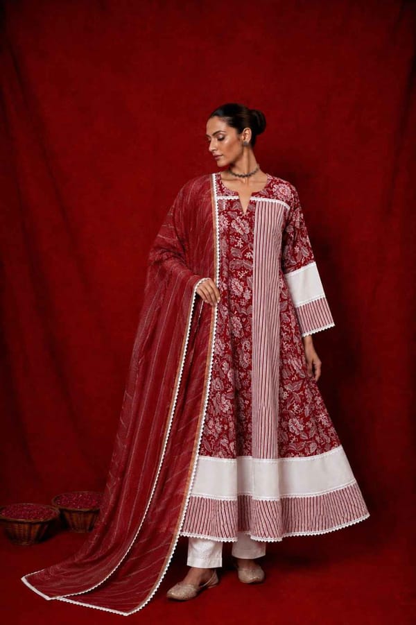 Naseebo Zareen Stripes Block Printed Anarkali Kurta Set — Naseebo