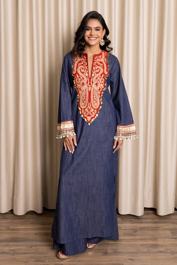 Navy Denim Embroidered Yoke Kaftan Set — Sttavoss