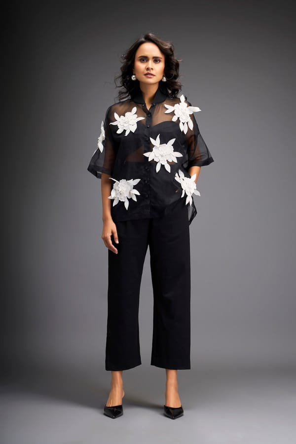 Floral Applique High-Low Sheer Top with Tube & Pants — Deepika Arora