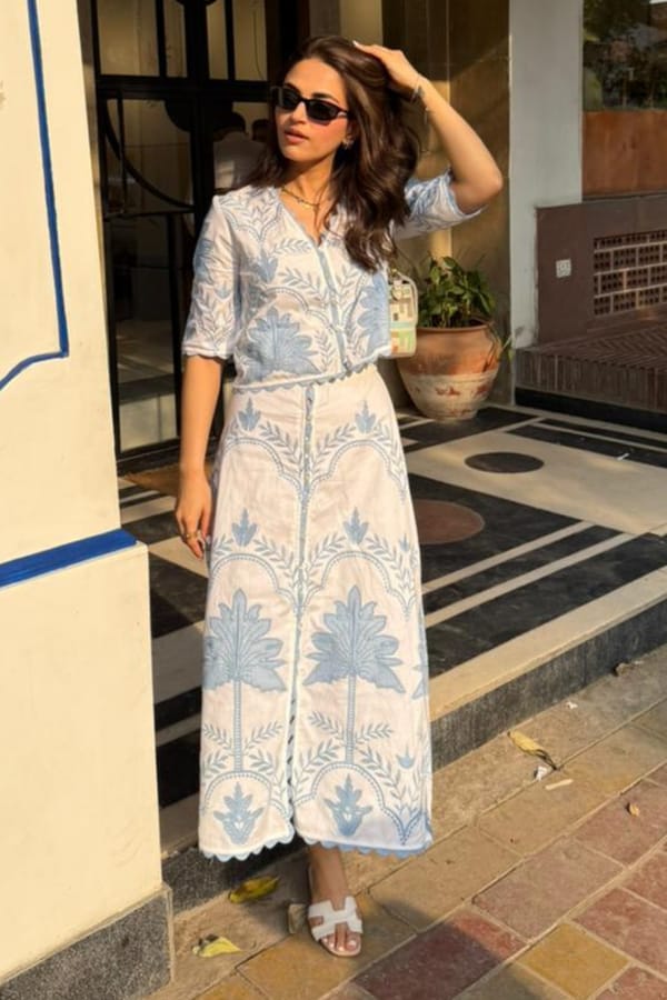 Blue Linen Embroidered Blouse and Midi Skirt Co-ord Set — BOHO-CHIC