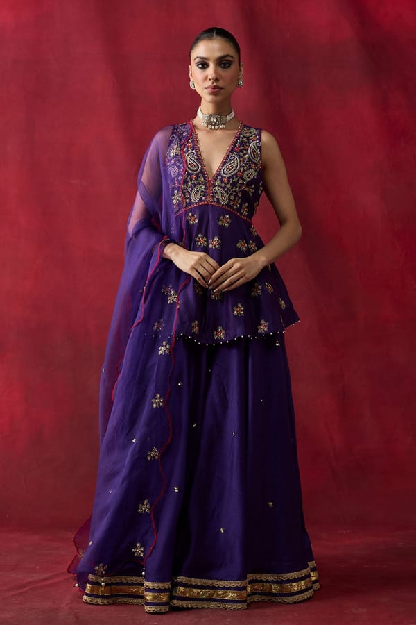Purple Silk Chanderi Peplum and Sharara Co-ord Set — Shikha Mehta