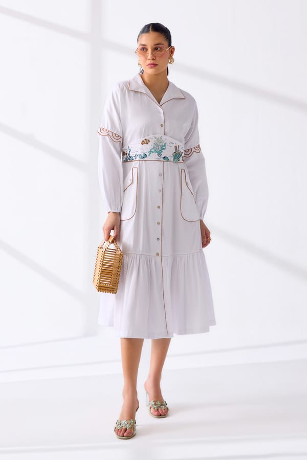 White Cotton Satin Shirt Midi Dress with Embroidered Belt — Our Love