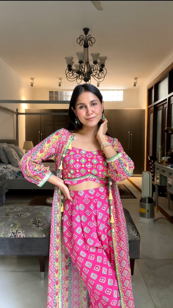 Pink Printed Cape Co-ord Set with Crop Top and Pants — BUMBLEBEE