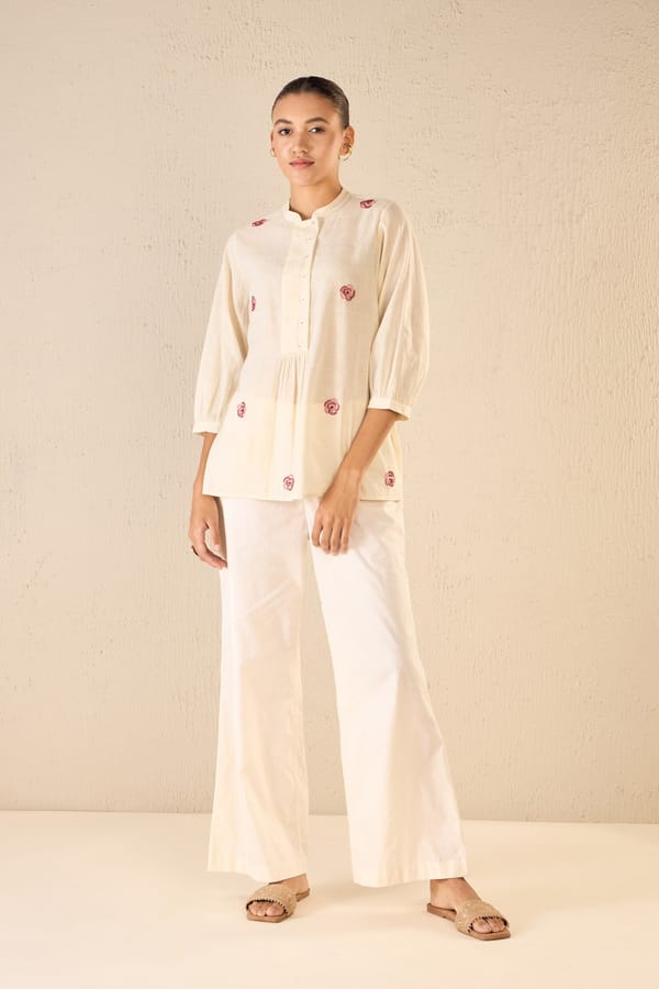 Rose Melody: Ivory Bold Placket Tunic — SHIVANI BHARGAVA
