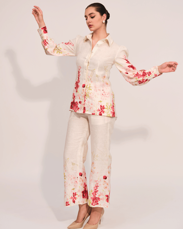 Apricot Floral Linen Shirt and Wide-Leg Pant Co-ord Set — Prink Tonic