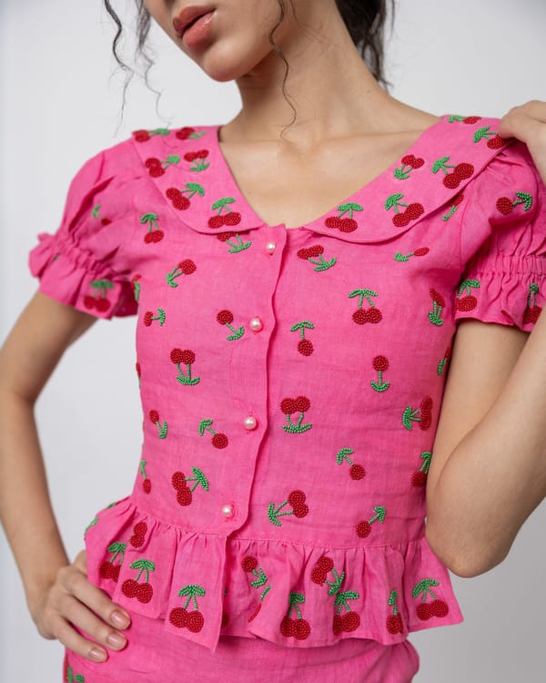 Fuchsia Linen Peplum Top with Beaded Cherry Motifs — MAGIA