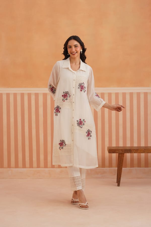 Off White Sheer Chanderi Shirt Kurta Set with Lace Panels — Omi Clothing