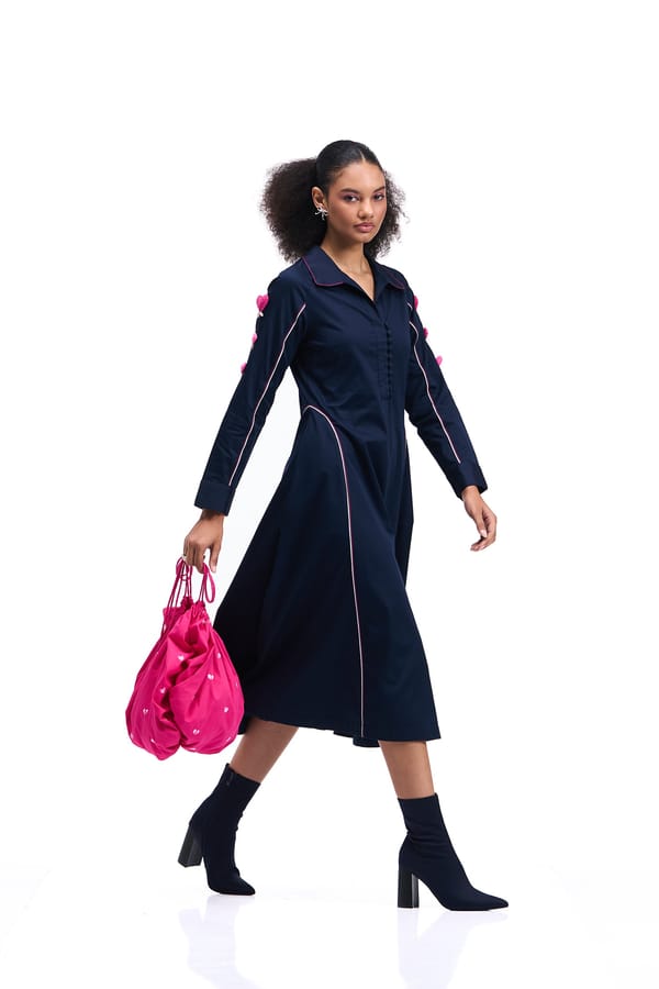 Navy Cotton Satin Fit and Flare Midi Dress — Our Love