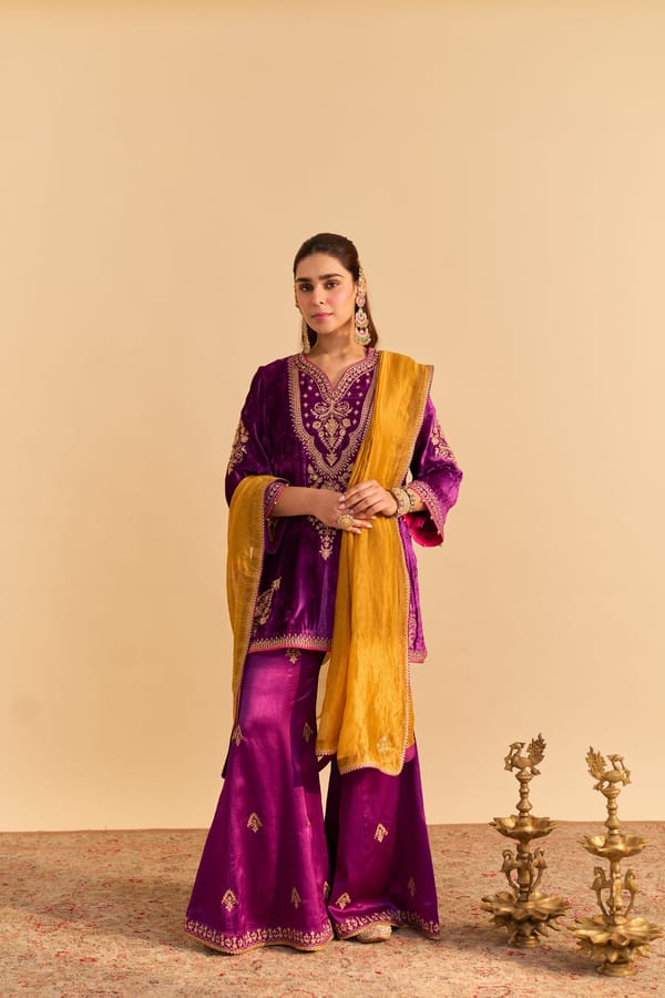Deep Purple Silk Velvet Embroidered Kurta Set with Dupatta — Sheetal Batra