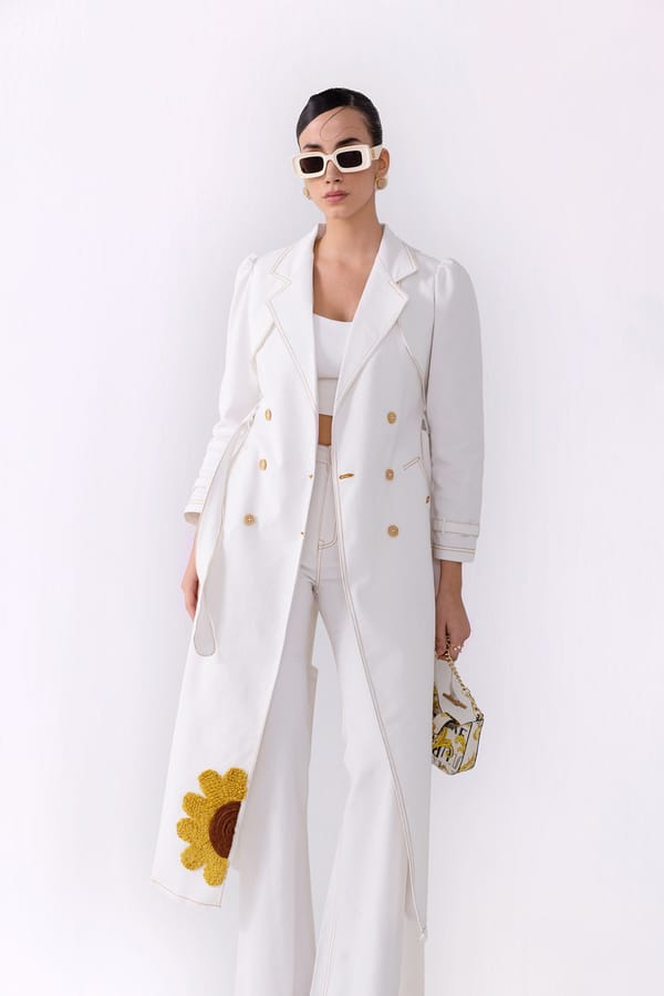 White Denim Trench Co-ord Set with Floral Applique — Our Love
