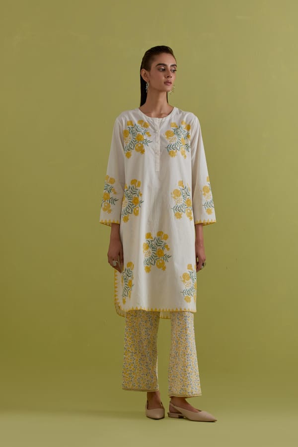 Off-White Floral Block Print Cotton Kurta Set with Dupatta — Upavita