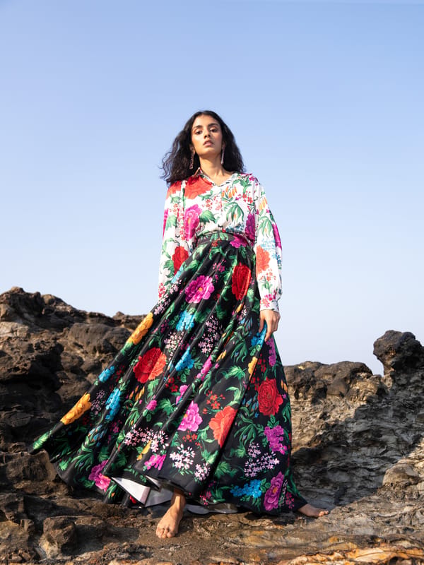 Black Multi Floral Satin Maxi Skirt — Dash and Dot